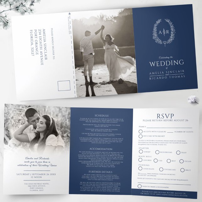 Convite Com Dobra Tripla Casamento monograma RSVP azul branco (Criador carregado)