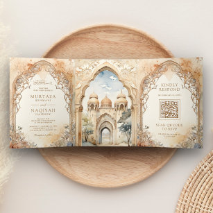 Convite Com Dobra Tripla Casamento muçulmano do antigo arco do palácio árab