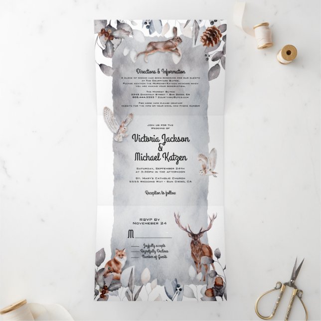 Convite Com Dobra Tripla Casamento na Floresta Fresca de Madeira (Dentro)