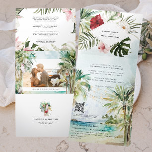 Convite Com Dobra Tripla Casamento na Praia com Palmeira Tropical