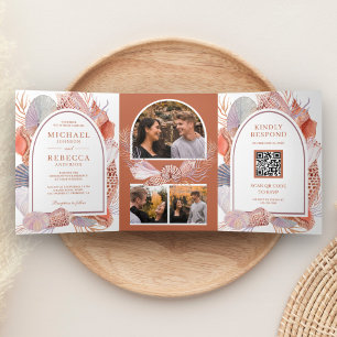 Convite Com Dobra Tripla Casamento Náutico Código QR Boho Rústico Conchas