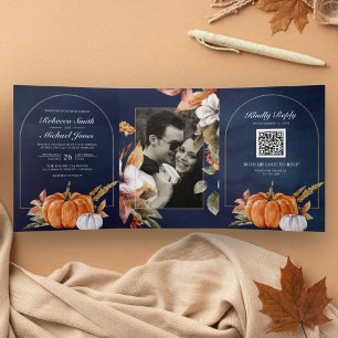 Convite Com Dobra Tripla Casamento Navy Código QR Foto Abóbora Boho Rústico