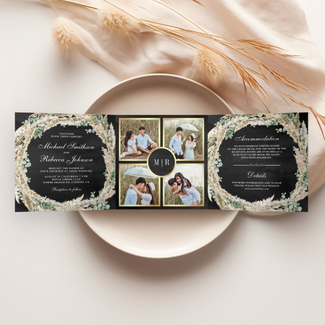 Convite Com Dobra Tripla Casamento Negra Boho Pampas Eucalyptus Wreath (Criador carregado)
