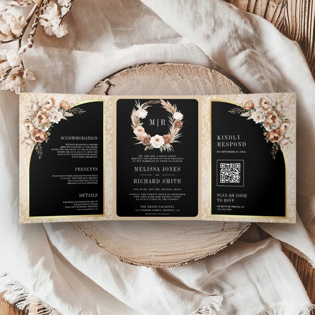 Convite Com Dobra Tripla Casamento Negra Floral Terrestre Pampas Neutral Be (Criador carregado)