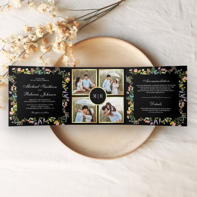 Convite Com Dobra Tripla Casamento Negro de Colagem de Foto Rustic Wildflow (Criador carregado)