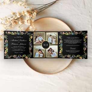 Convite Com Dobra Tripla Casamento Negro de Colagem de Foto Rustic Wildflow