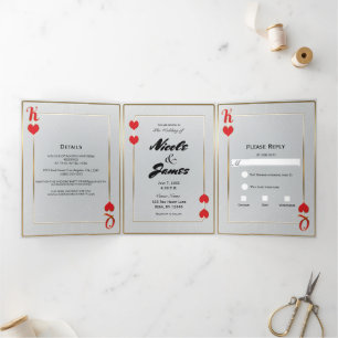Convite Com Dobra Tripla Casamento no Casino Red Gold King & Queen of Heart