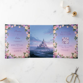 Convite Com Dobra Tripla Casamento no Castelo Crepúsculo Lavanda Rosa Wisté