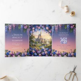 Convite Com Dobra Tripla Casamento no Castelo de Conto de Fadas Rosa Azul