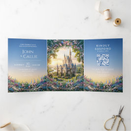 Convite Com Dobra Tripla Casamento no Castelo de Contos de Fadas com Hortên