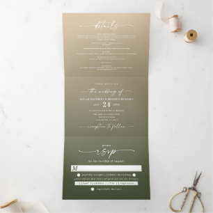 Convite Com Dobra Tripla Casamento Ombre Simples Floresta Verde e Dourado A