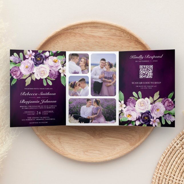 Convite Com Dobra Tripla Casamento Orgânico Púrpura Floral QR Código Dark M (Criador carregado)
