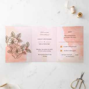 Convite Com Dobra Tripla Casamento Personalizado da Flor Marrom Elegante