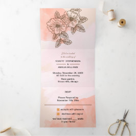 Convite Com Dobra Tripla Casamento Personalizado de Flor Marrom Elegante
