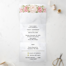 Convite Com Dobra Tripla Casamento Personalizado de Flor Rosa Elegante