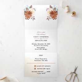 Convite Com Dobra Tripla Casamento Personalizado Rustic Brown Flowers