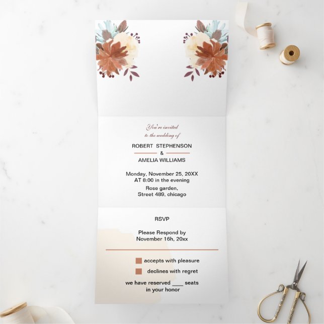 Convite Com Dobra Tripla Casamento Personalizado Rustic Brown Flowers (Dentro)