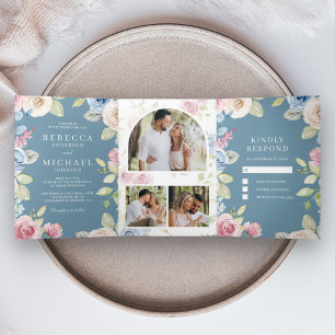 Convite Com Dobra Tripla Casamento Poeira Floral Azul Macio de Primavera