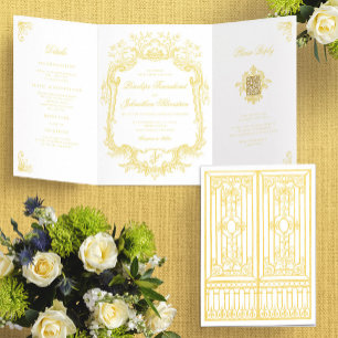Convite Com Dobra Tripla Casamento Portão Elegante Branco Dourado Vintage