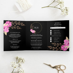 Convite Com Dobra Tripla Casamento Preto Boho Rosa Orquídea Floral Tudo Em
