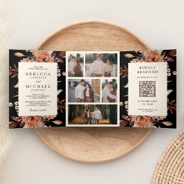 Convite Com Dobra Tripla Casamento Preto Código QR Floral Creme e Terracota