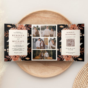 Convite Com Dobra Tripla Casamento Preto Código QR Floral Creme e Terracota