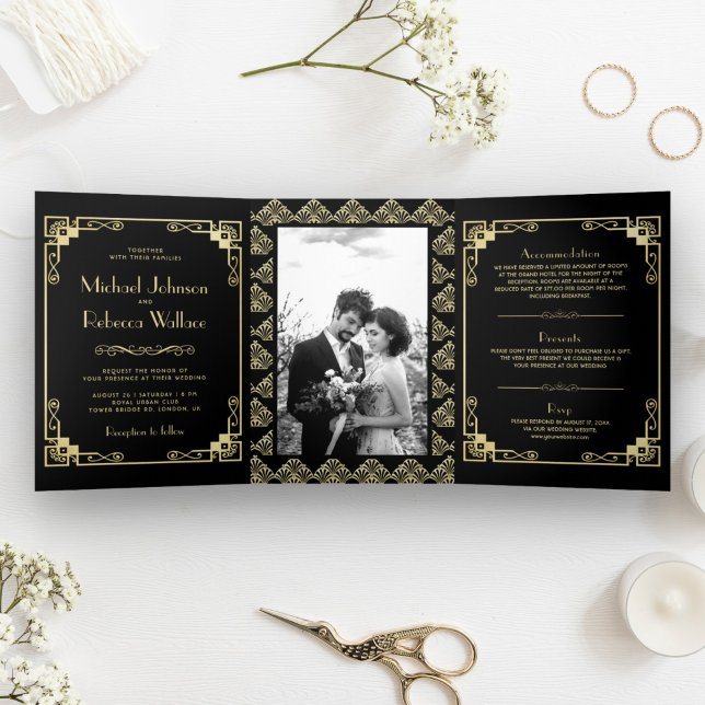 Convite Com Dobra Tripla Casamento Preto e Dourado em Estilo Art Déco Vinta (Criador carregado)