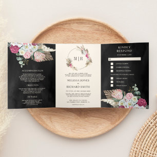 Convite Com Dobra Tripla Casamento Preto Floral Rosa Rústico Boho Pampas