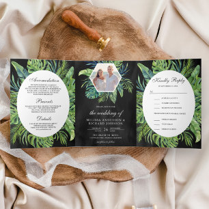 Convite Com Dobra Tripla Casamento Preto Folhas de Palmeira Monstera Tropic