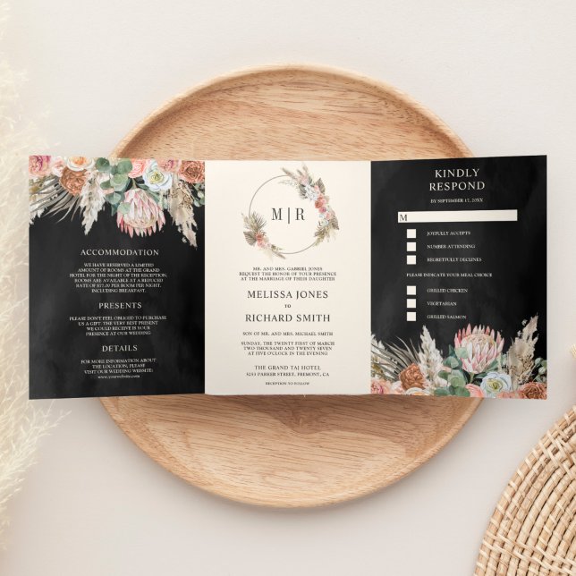 Convite Com Dobra Tripla Casamento Preto Rústico Boho Terroso Floral Pampas (Criador carregado)