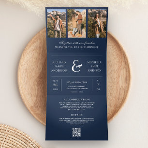 Convite Com Dobra Tripla Casamento QR Code Colagem de Fotos Mínima Azul Mar