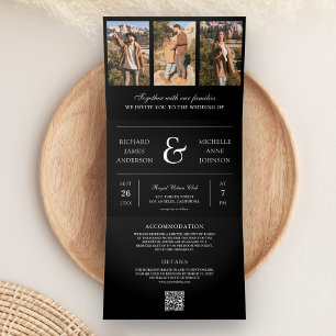 Convite Com Dobra Tripla Casamento QR Code Colagem de Fotos Minimalista Pre