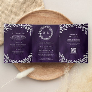 Convite Com Dobra Tripla Casamento QR Code Galho de Folha de Prata Roxo Esc