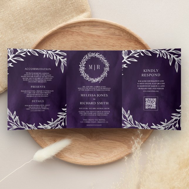 Convite Com Dobra Tripla Casamento QR Code Galho de Folha de Prata Roxo Esc (Criador carregado)