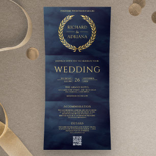 Convite Com Dobra Tripla Casamento QR Code Mínimo Folha de Louro Dourado Az