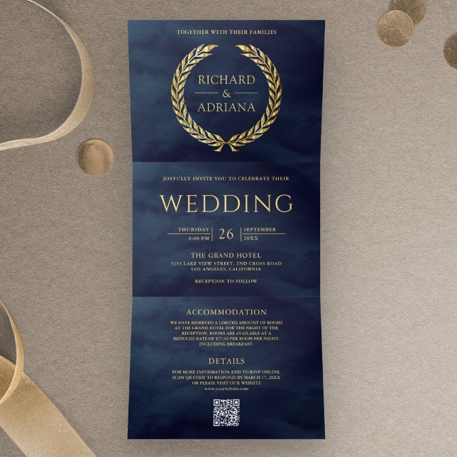 Convite Com Dobra Tripla Casamento QR Code Mínimo Folha de Louro Dourado Az (Criador carregado)