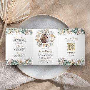 Convite Com Dobra Tripla Casamento QR Code Monstera Boho Pampas Tudo em Um