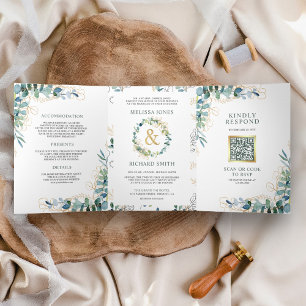 Convite Com Dobra Tripla Casamento QR Code Rústico Eucalipto Dourado Tudo e