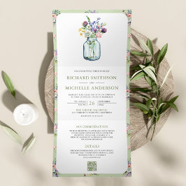 Convite Com Dobra Tripla Casamento QR Code Tudo em Um Pote de Pedra Flor Si