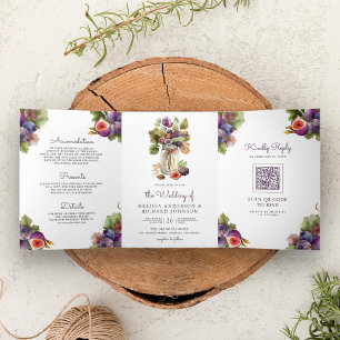 Convite Com Dobra Tripla Casamento QR Code Tudo em Um Roxo Rústico Figo