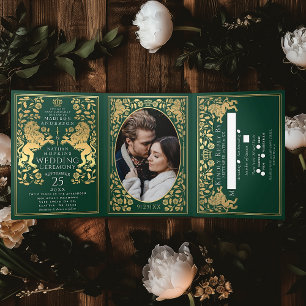 Convite Com Dobra Tripla Casamento Real Real Medieval do Leão Verde Trifold