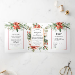 Convite Com Dobra Tripla Casamento Red Poinsettia Evergreens Red Berries
