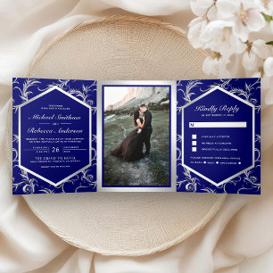 Convite Com Dobra Tripla Casamento Redemoinho Florido Azul Royal Prata Foto