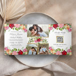 Convite Com Dobra Tripla Casamento Romântico de Código QR, rosa e Rosas ver<br><div class="desc">Surpreenda seus convidados com este elegante convite para casamento,  com lindas flores de rosa e tipografia moderna,  com cartão RSVP online. Basta adicionar os detalhes do seu evento neste modelo fácil de usar e adorar este cartão com as suas fotografias favoritas para o tornar um convite único.</div>