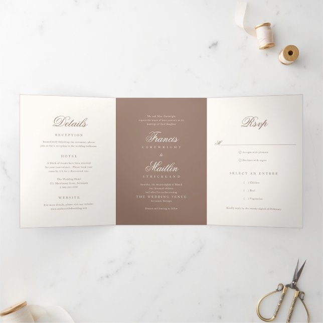 Convite Com Dobra Tripla Casamento Romântico Marrom Elegante (Dentro)