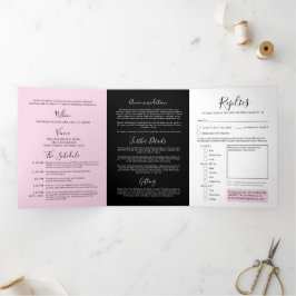 Convite Com Dobra Tripla Casamento rosa, branco preto, de coração, tudo em 