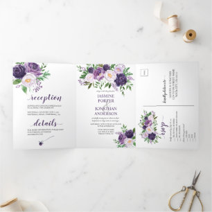 Convite Com Dobra Tripla Casamento Roxo, Lavanda, Rosas Rosa