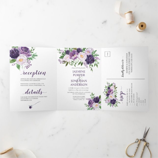 Convite Com Dobra Tripla Casamento Roxo, Lavanda, Rosas Rosa | (Dentro)