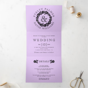 Convite Com Dobra Tripla Casamento roxo rosa de lavanda preto de Vintage