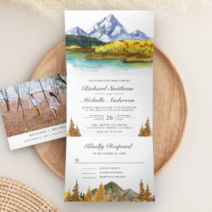 Convite Com Dobra Tripla Casamento Rustic Autumn Fall Mountain Lake